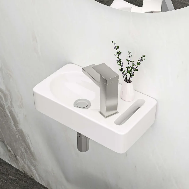 15.75 inch White Ceramic Rectangular Wall Mount Bathroom Sink with Single Faucet Hole - 15.75" x 8.69"