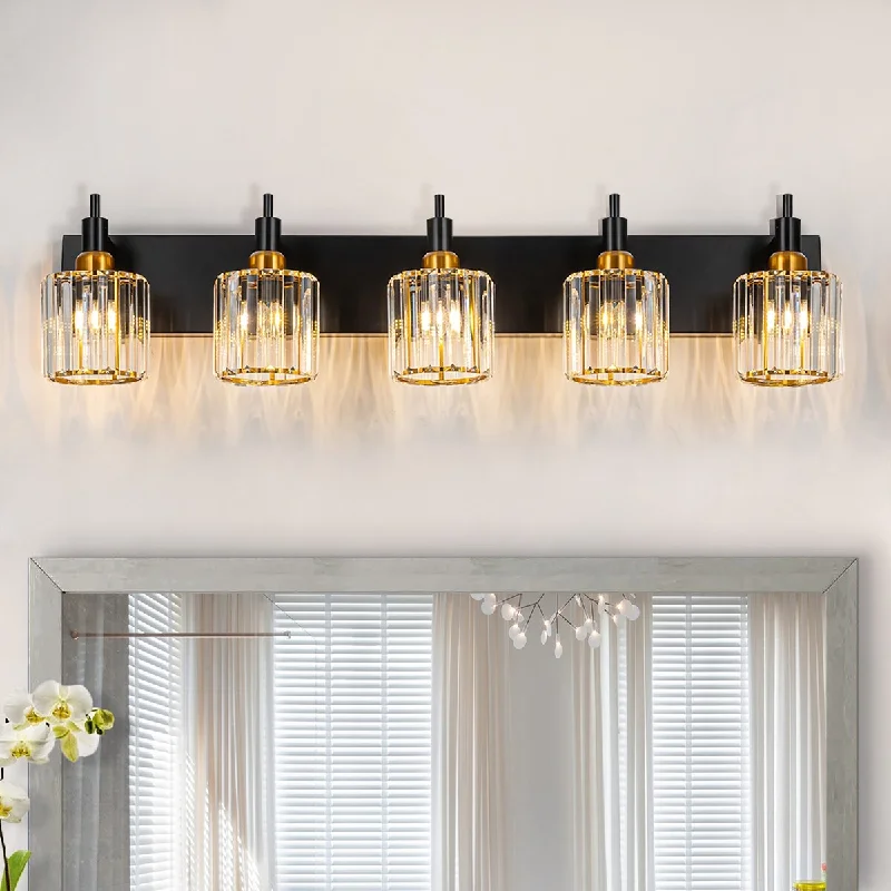 3/4/5-Light Modern Glam Black&Gold Dimmable Cylinder Crystal Wall Light Bathroom Vanity Light