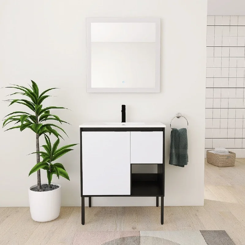 30" Modern Single Sink Bathroom Vanity with White Ceramic Top Set