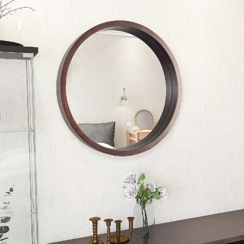 30in Circle Mirror Wood Frame, Round Large Mirror , Walnut Brown