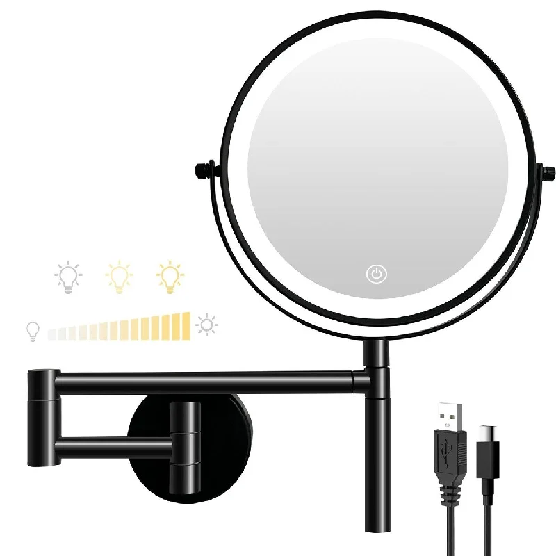 9" Rechargeable Led Magnifying Wall Mounted Makeup Mirror,1X/10x,3 Color Lights & Stepless Dimming（Black）