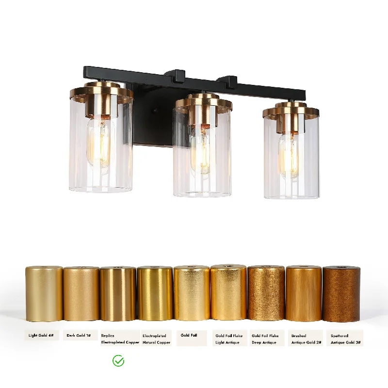 Black Gold Modern Bathroom Vanity Lights 3-Light Linear Wall Lamps Lighting with Cylinder Glass