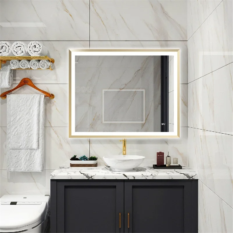 Brushed Gold LED Bathroom Mirror Backlit and Front Lighted Defogger