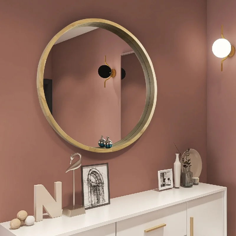 Circle Mirror ,Wood Frame, Modern Large Mirror, Walnut Natural, 30" - Natural