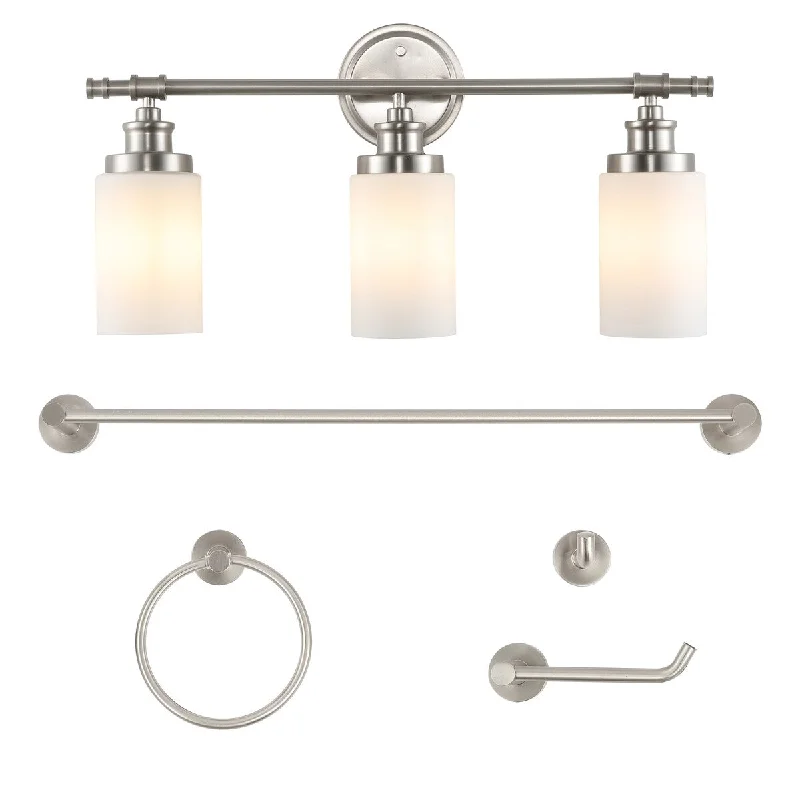 Hugo 23.25" 3-Light Classic Vanity Light with Frosted Glass Shades and Bathroom Hardware Accessory Set, (5-Piece) by JONATHAN Y