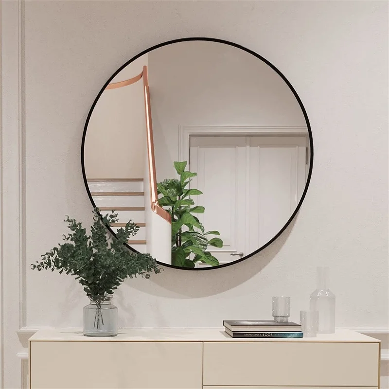 Round Mirror 32'' Wall Mirror Brushed Aluminum Frame Mirror Wall Black