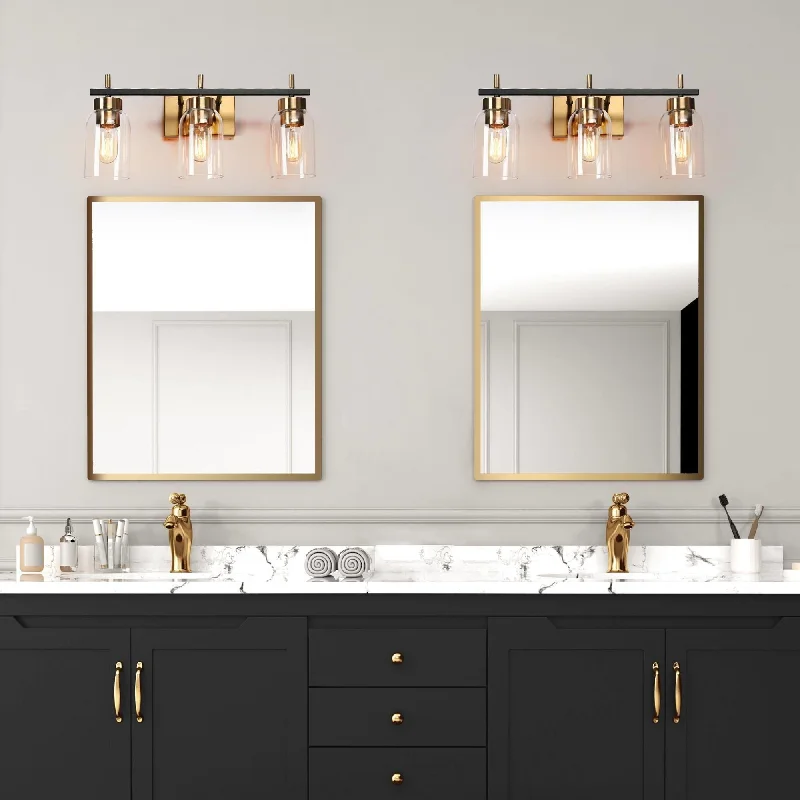 Valina Modern Black Gold 3-Light Bathroom Vanity Light Cylinder Glass Wall Sconces