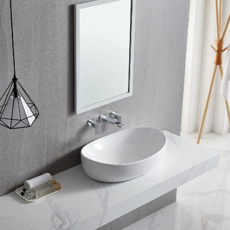 White Oval Bathroom Vessel Sink with Ceramic Drain Stopper - 25.39 in. width