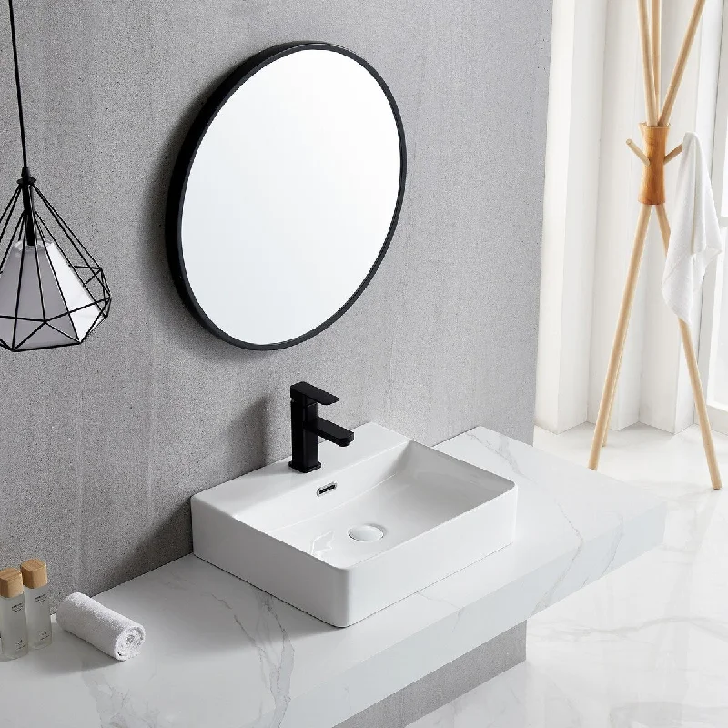 White Rectangle Bathroom Vessel Sink with Ceramic Drain And Overflow - 19.69 in. width