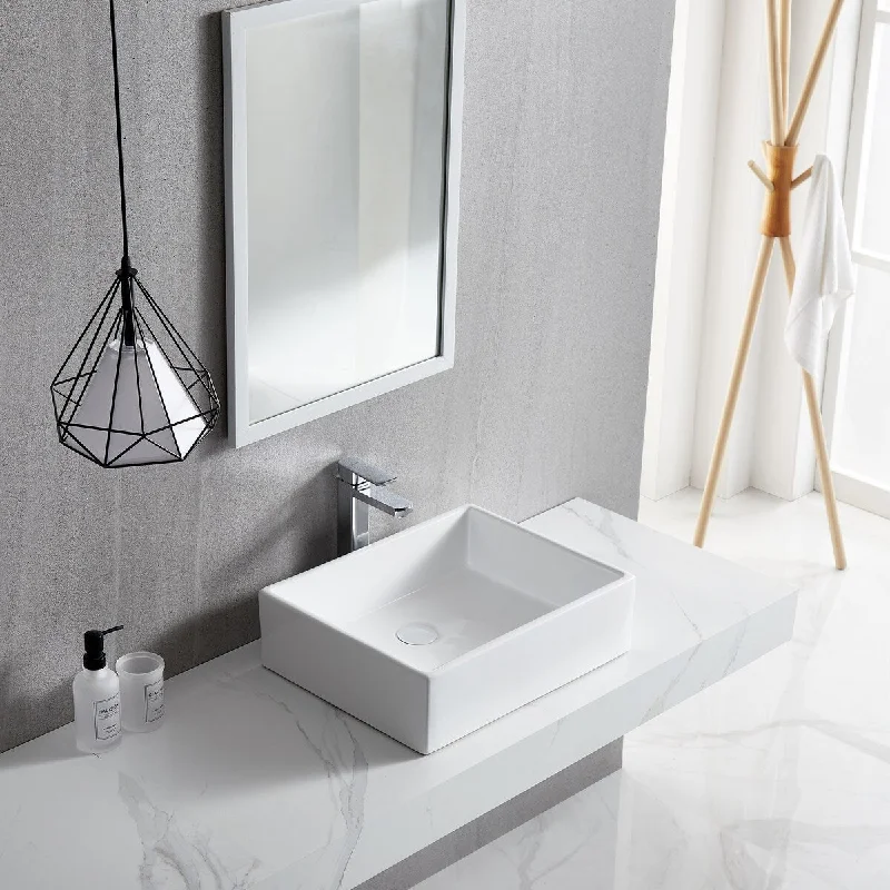 White Rectangle Bathroom Vessel Sink with Ceramic Drain Stopper - 19.69 in. width