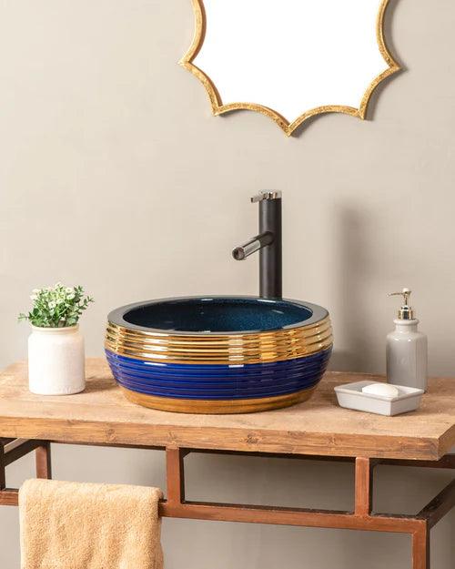 Blue & Gold Porcelain Countertop Wash Basin