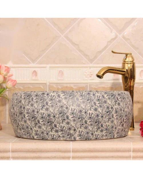 Floral Pattern Porcelain Counter Top Basin