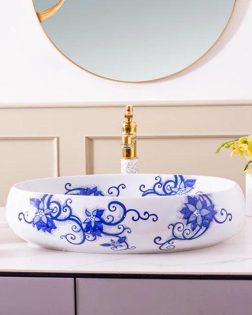 Floral Pattern Porcelain Counter Top Basin