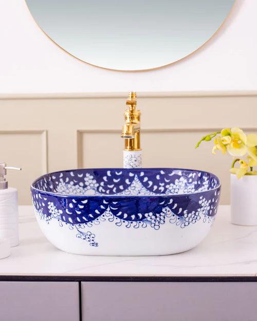 Paisley Blue & White Porcelain Counter Top Basin