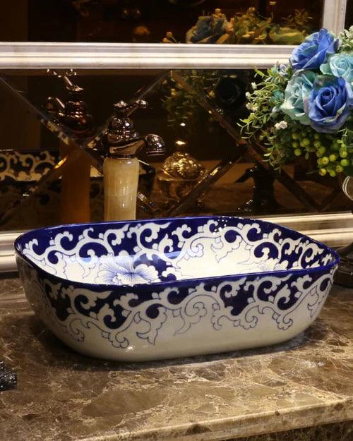 Peony Blue & White Porcelain Counter Top Basin